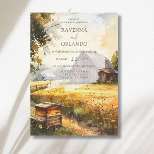 Vintage Autumn Barn Meadow Watercolor Wedding Invitation