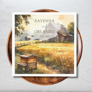 Vintage Autumn Barn Meadow Watercolor Wedding Napkin