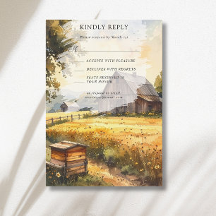 Vintage Autumn Barn Meadow Watercolor Wedding RSVP Card