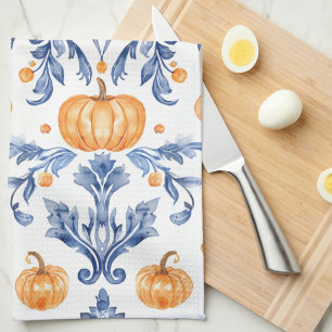 Vintage Autumn Blue White Orange Pumpkins Tea Towel