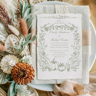 Vintage Autumn Botanical Oak & Pumpkin Wedding Invitation