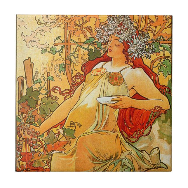 Vintage Autumn by Alphonse Mucha Tile (Front)