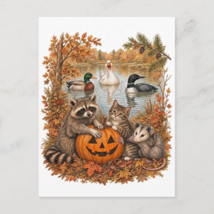 Vintage Autumn Cat Racoon Mallard Duck Common Loo Postcard