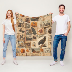 Vintage Autumn Collage Pattern Rustic Ephemera Fleece Blanket