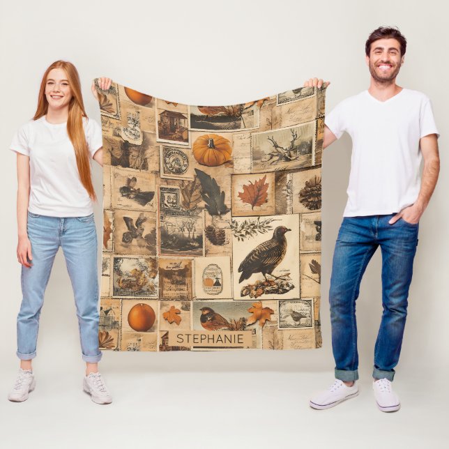Vintage Autumn Collage Pattern | Rustic Ephemera Fleece Blanket (In Situ)