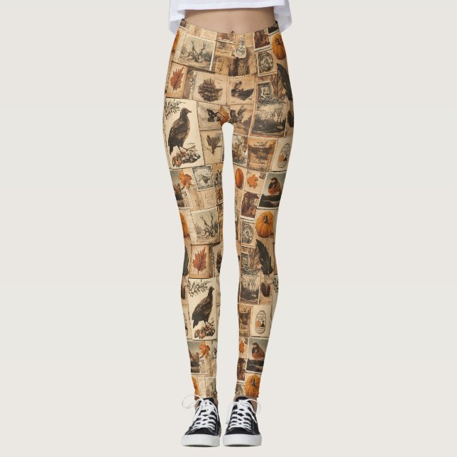 Vintage Autumn Collage Pattern | Rustic Ephemera Leggings (Front)