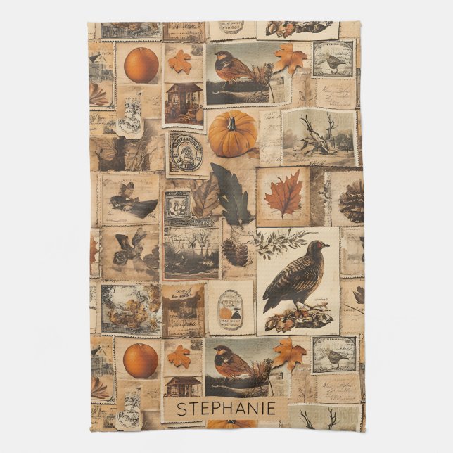 Vintage Autumn Collage Pattern | Rustic Ephemera Tea Towel (Vertical)