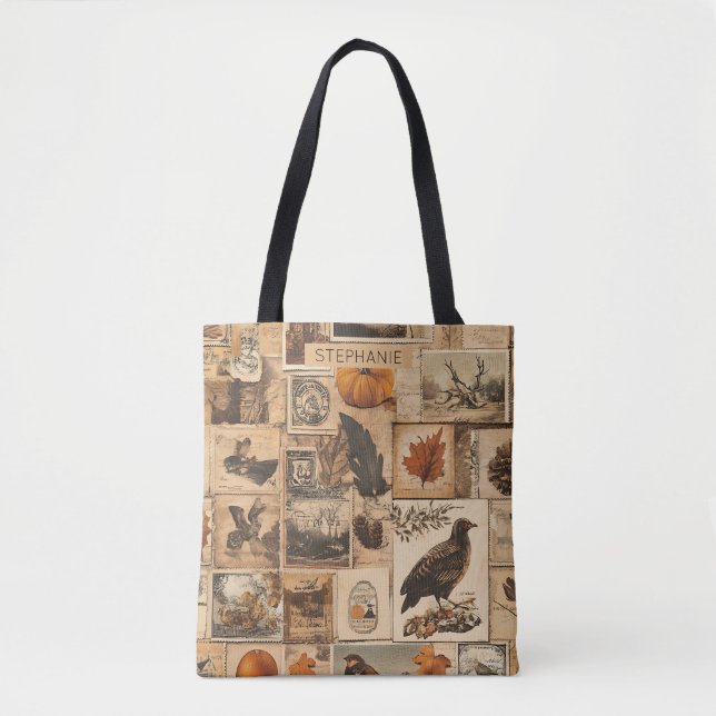 Vintage Autumn Collage Pattern | Rustic Ephemera Tote Bag (Front)