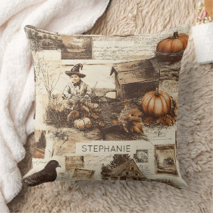 Vintage Autumn Collage   Rustic Sepia Ephemera Cushion