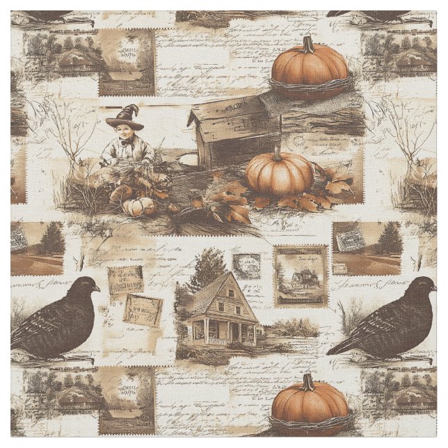 Vintage Autumn Collage | Rustic Sepia Ephemera Fabric (Close Up)