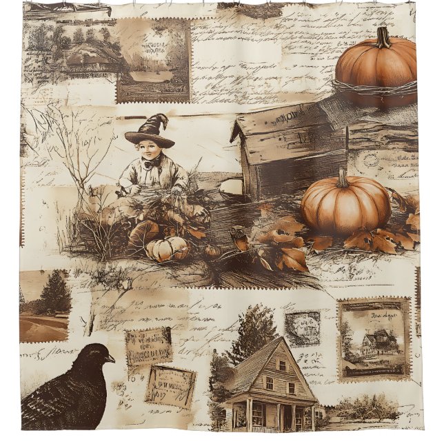 Vintage Autumn Collage | Rustic Sepia Ephemera Shower Curtain (Front)