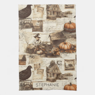 Vintage Autumn Collage Rustic Sepia Ephemera Tea Towel
