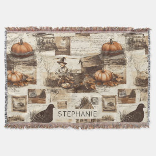 Vintage Autumn Collage   Rustic Sepia Ephemera Throw Blanket