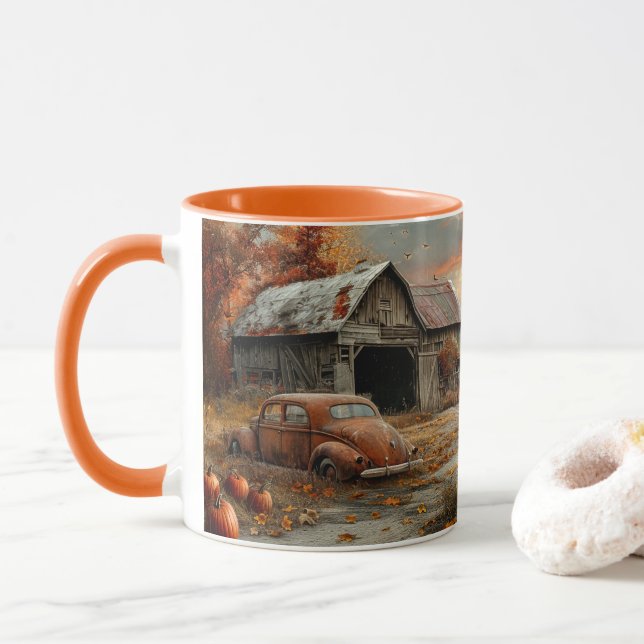 Vintage Autumn Country Road and Barn Mug (With Donut)