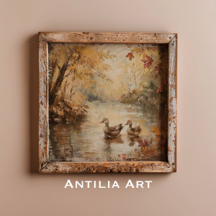 Vintage Autumn Duck Pond Painting Fall Woodland Poster