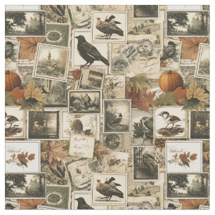 Vintage Autumn Ephemera Collage   Rustic Birds (2) Fabric