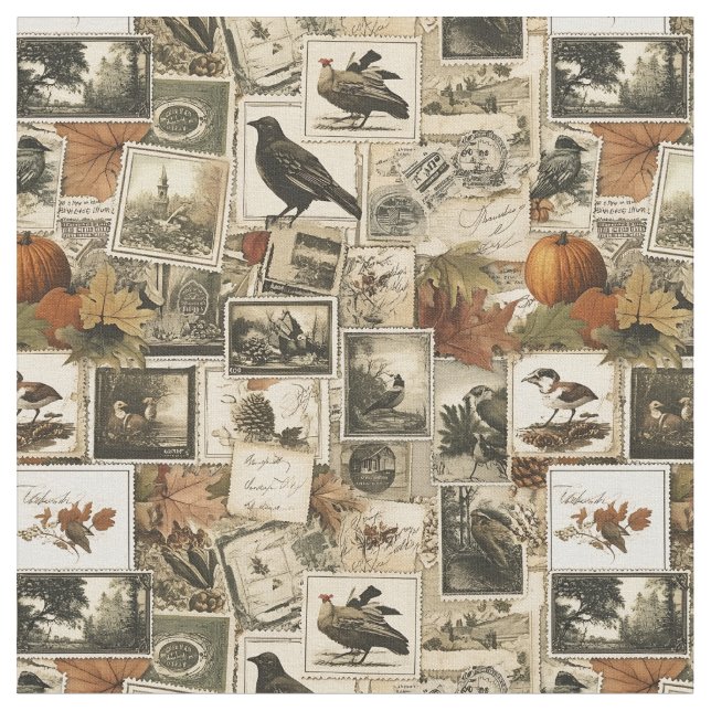 Vintage Autumn Ephemera Collage | Rustic Birds (2) Fabric (Close Up)
