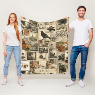 Vintage Autumn Ephemera Collage Rustic Birds (2) Fleece Blanket