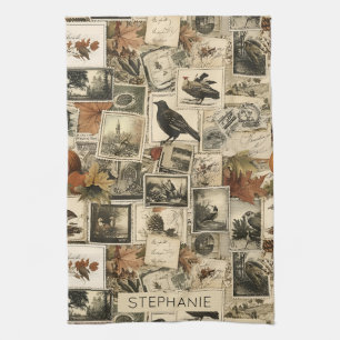 Vintage Autumn Ephemera Collage   Rustic Birds (2) Tea Towel