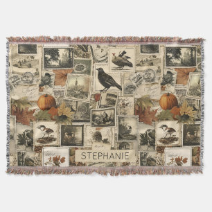 Vintage Autumn Ephemera Collage Rustic Birds (2) Throw Blanket
