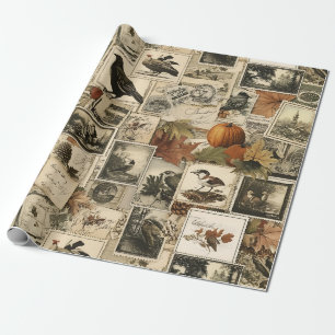 Vintage Autumn Ephemera Collage   Rustic Birds (2) Wrapping Paper