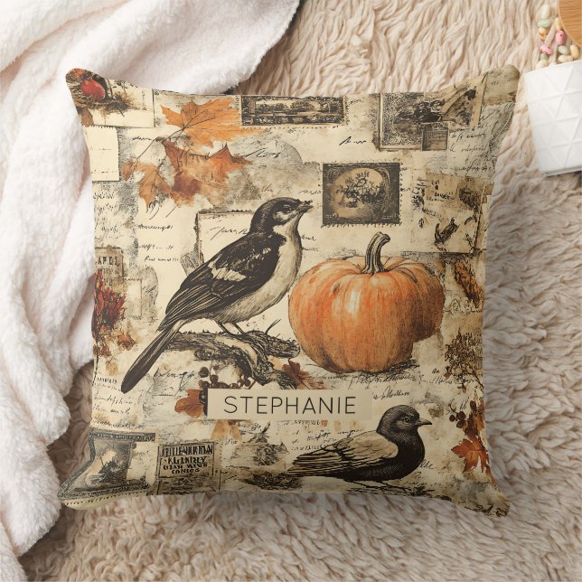 Vintage Autumn Ephemera Collage | Rustic Birds Cushion (Blanket)