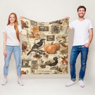 Vintage Autumn Ephemera Collage   Rustic Birds Fleece Blanket