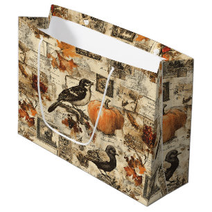 Vintage Autumn Ephemera Collage Rustic Birds Large Gift Bag