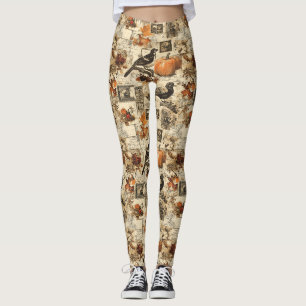 Vintage Autumn Ephemera Collage Rustic Birds Leggings