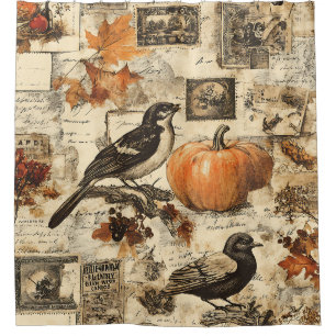 Vintage Autumn Ephemera Collage   Rustic Birds Shower Curtain