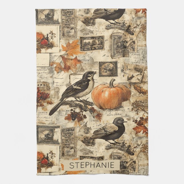 Vintage Autumn Ephemera Collage | Rustic Birds Tea Towel (Vertical)