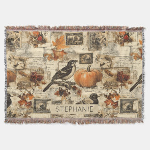 Vintage Autumn Ephemera Collage Rustic Birds Throw Blanket