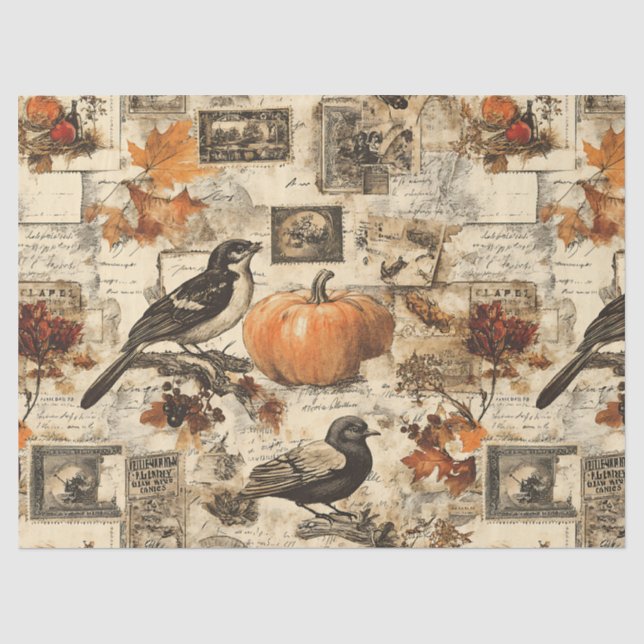 Vintage Autumn Ephemera Collage | Rustic Birds Tissue Paper (Front)