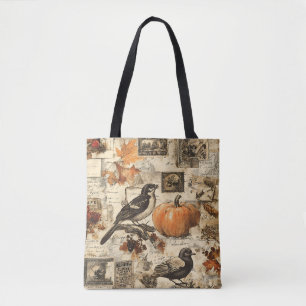 Vintage Autumn Ephemera Collage Rustic Birds Tote Bag