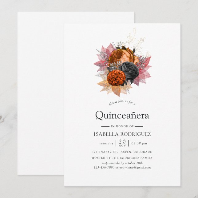 Vintage Autumn Floral Bouquet Quinceañera Invitation (Front/Back)