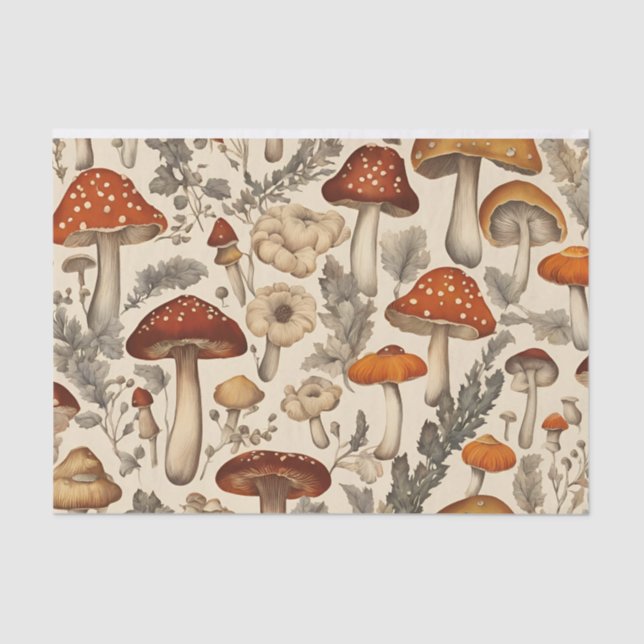 Vintage Autumn Floral Decoupage Mushrooms Tissue Paper (Front)