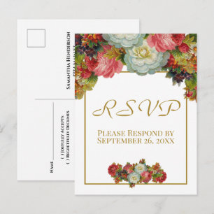 Vintage Autumn Floral Gold Wedding RSVP Postcard