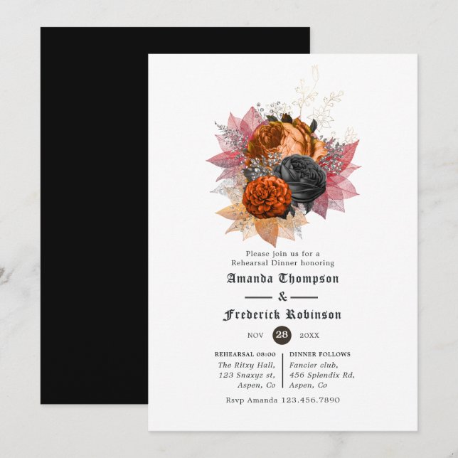Vintage Autumn Floral Gothic Rehearsal Dinner Invitation (Front/Back)