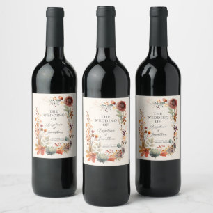 Vintage Autumn Floral Ivory Boho Fall Wedding Wine Label