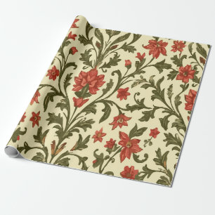 Vintage Autumn Floral Pattern Orange and Green Wrapping Paper