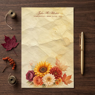 Vintage Autumn Floral Sunflower Aged Parchment Stationery