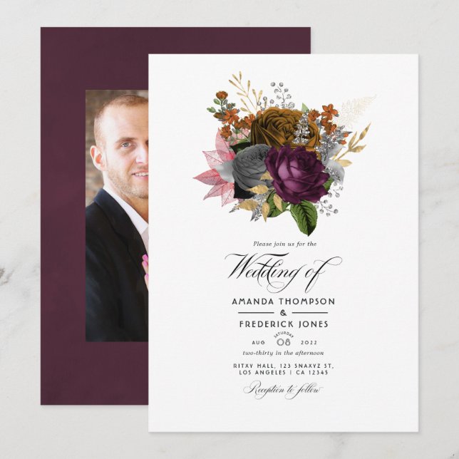 Vintage Autumn Floral Wedding Photo Invitation (Front/Back)