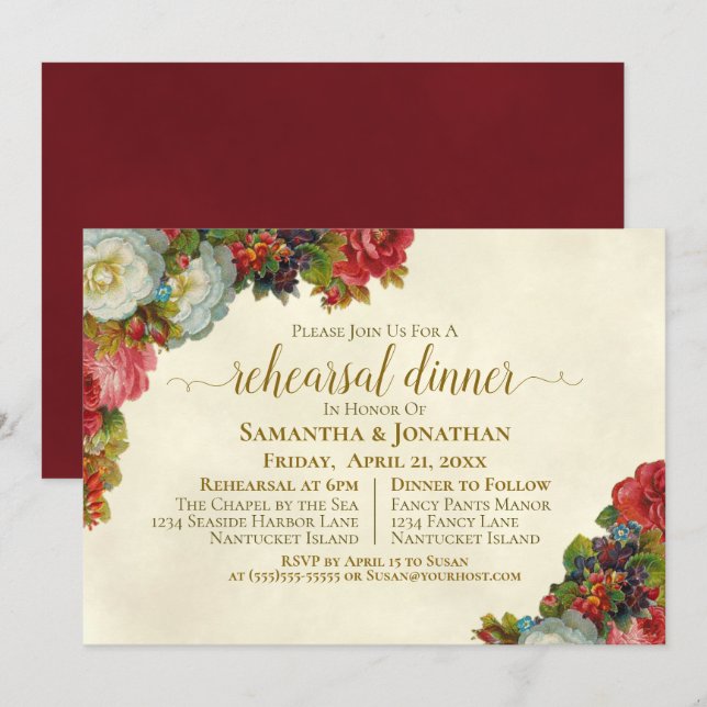 Vintage Autumn Floral Wedding Rehearsal Dinner Invitation (Front/Back)