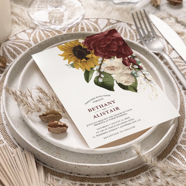 Vintage Autumn Flowers Green Leaves Wedding Invitation (Creator Uploaded)