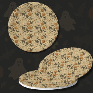Vintage Autumn Ghosts & Black Cats Halloween Paper Plate