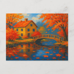 Vintage Autumn House Maple Orange Red Garden Pond Postcard