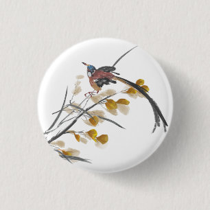 Vintage Autumn Leaves Paradise Flycatcher Bird 3 Cm Round Badge