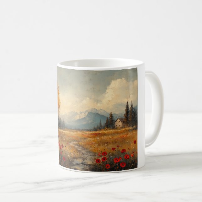 Vintage Autumn Meadow Painting Poppies Coffee Mug (Front Right)
