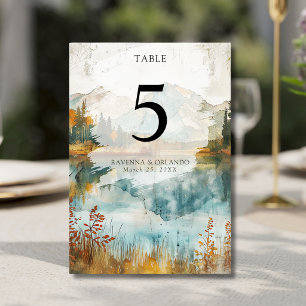 Vintage Autumn Mountain Lake Fall Wedding Table Number