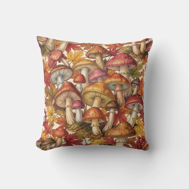 Vintage Autumn Mushroom Forest Botanical Pattern Cushion (Front)